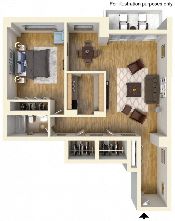 Floor plan for 1 bed, 1 bath, 1100 sqft